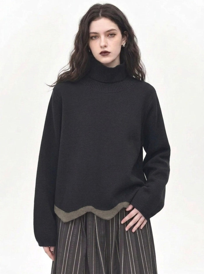 Black Wave Hem Turtleneck Pullover