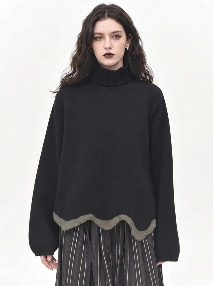 Black Wave Hem Turtleneck Pullover