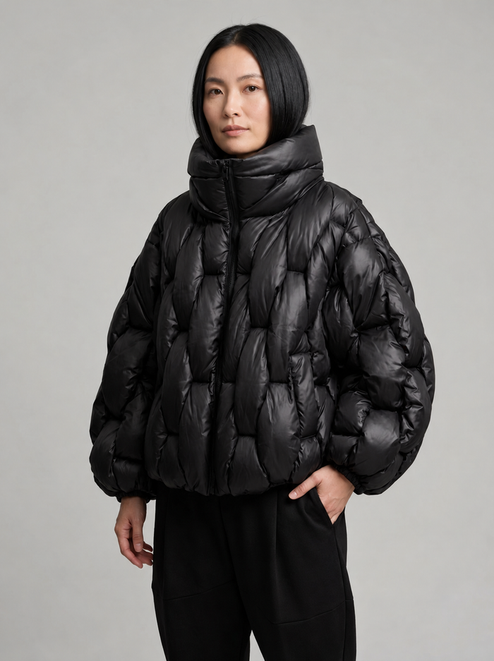 Black Woven Oversized Puffer Jacket-SimpleModerne