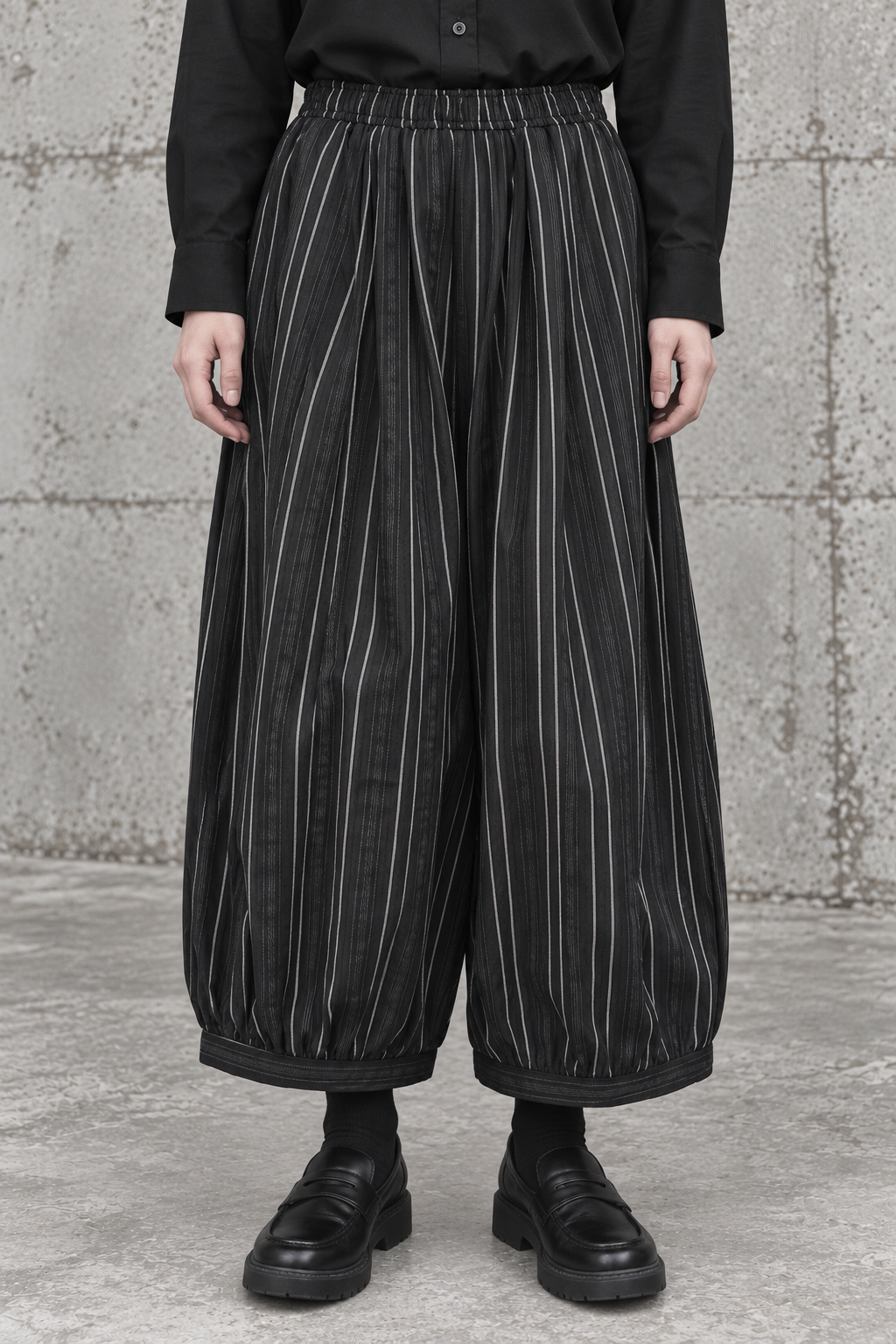 Black Striped Balloon Trousers-SimpleModerne