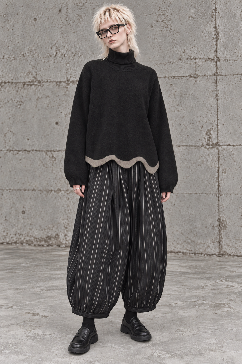 Black Striped Balloon Trousers-SimpleModerne
