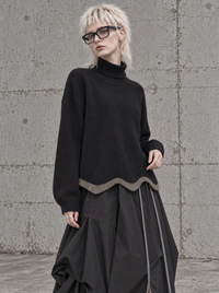 Black Wave Hem Turtleneck Pullover-SimpleModerne