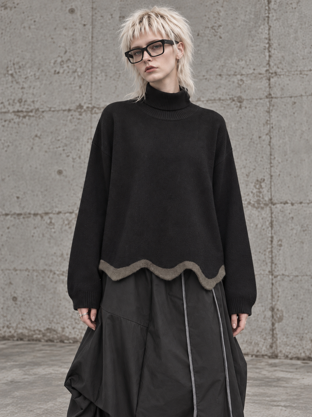 Black Wave Hem Turtleneck Pullover-SimpleModerne