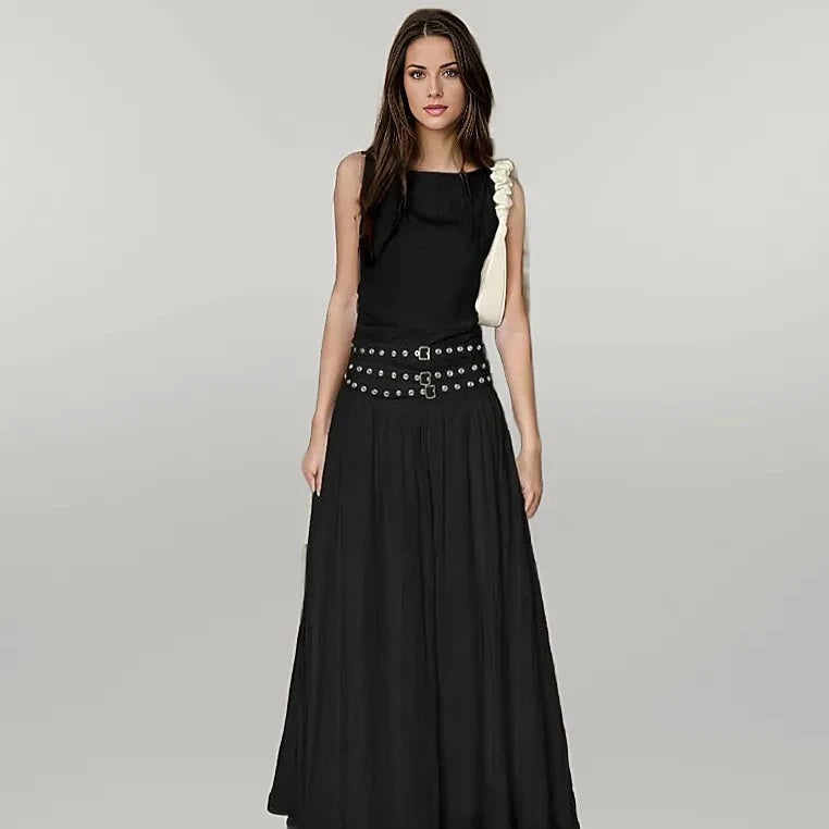Casual Minimal Goth Belted Black Maxi Dress – SimpleModerne