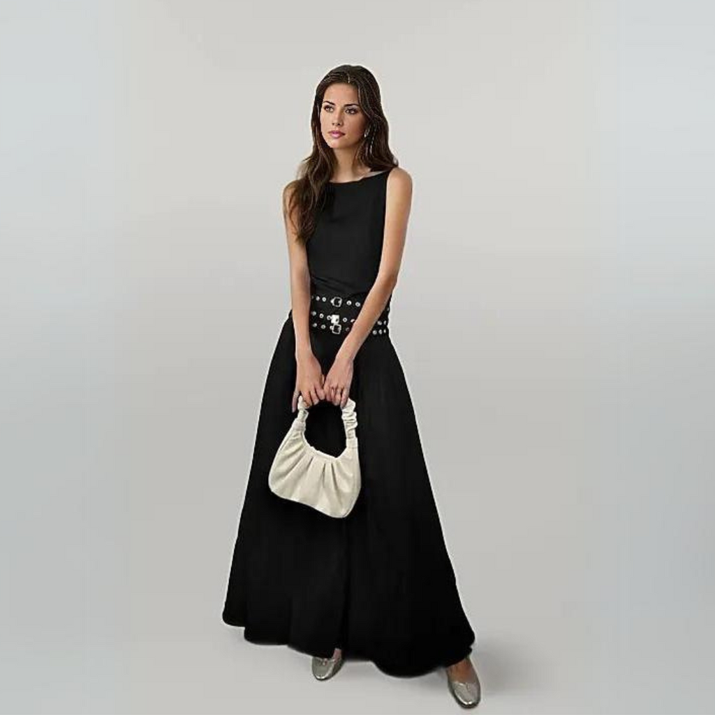 Casual Minimal Goth Belted Black Maxi Dress  SimpleModerne