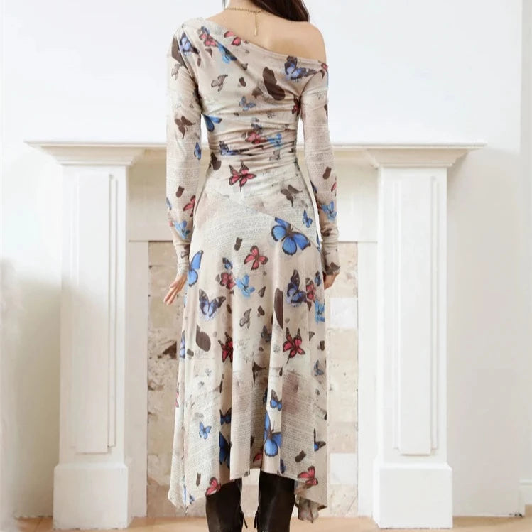casual butterfly dress Casual Butterfly Sleeve High Waist Chiffon Dress Green / L