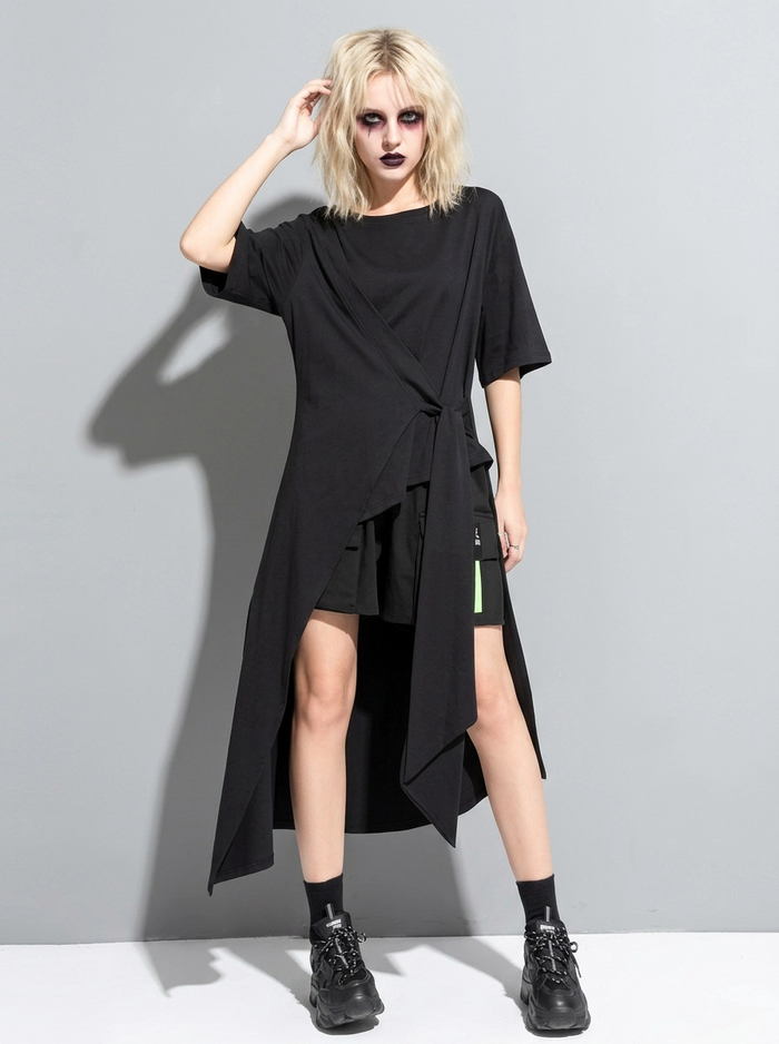 punk shirt dress Gothic Style Female Shirt Dress with Lapel / Punk Rock Black Long Blouse for Women