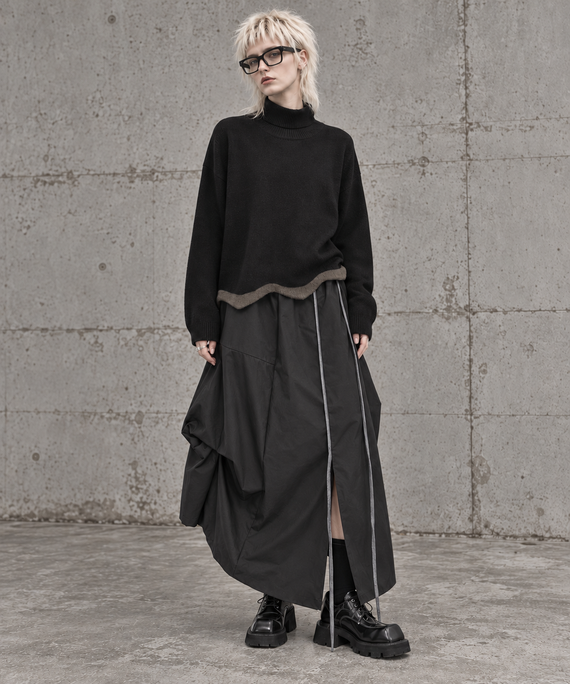 Black Asymmetric Draped Maxi Skirt-SimpleModerne