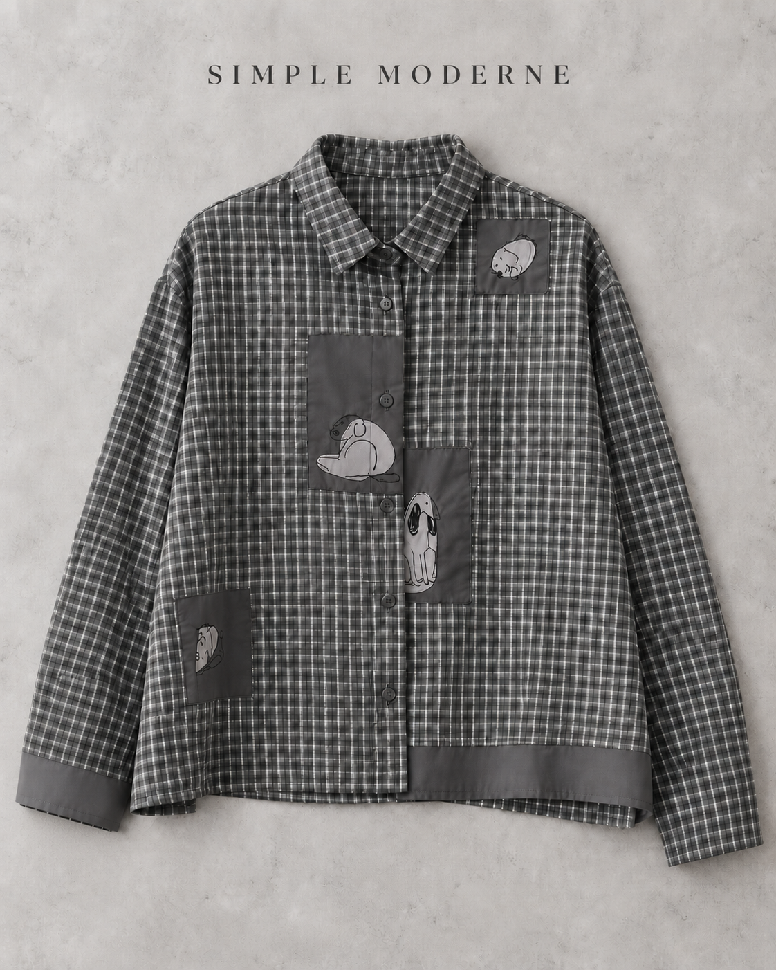Grey Check Patchwork Shirt | Alternative Graphic Blouse-SimpleModerne