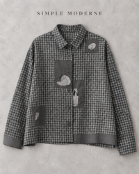 Grey Check Patchwork Shirt | Alternative Graphic Blouse-SimpleModerne