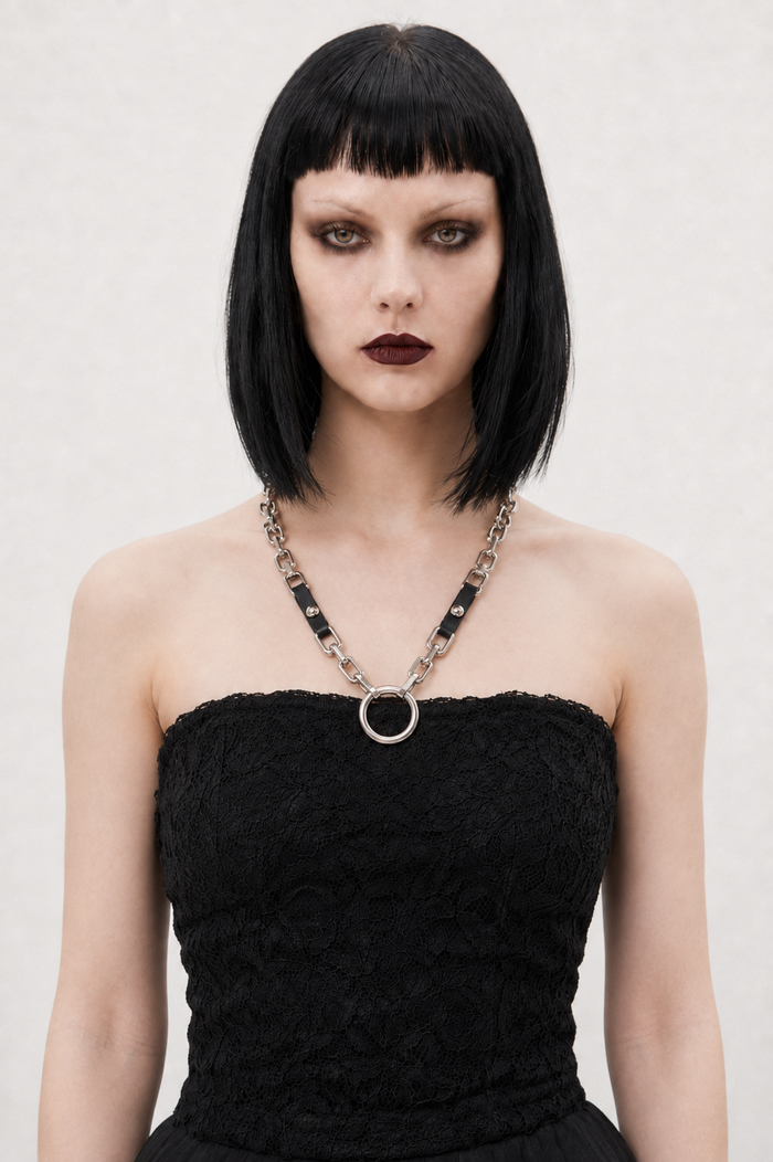 Gothic Chain & Vegan Leather Ring Necklace-SimpleModerne