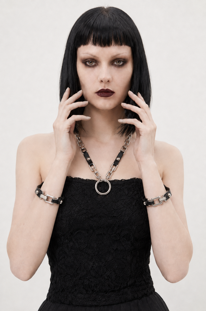 Gothic Chain & Vegan Leather Ring Necklace-SimpleModerne