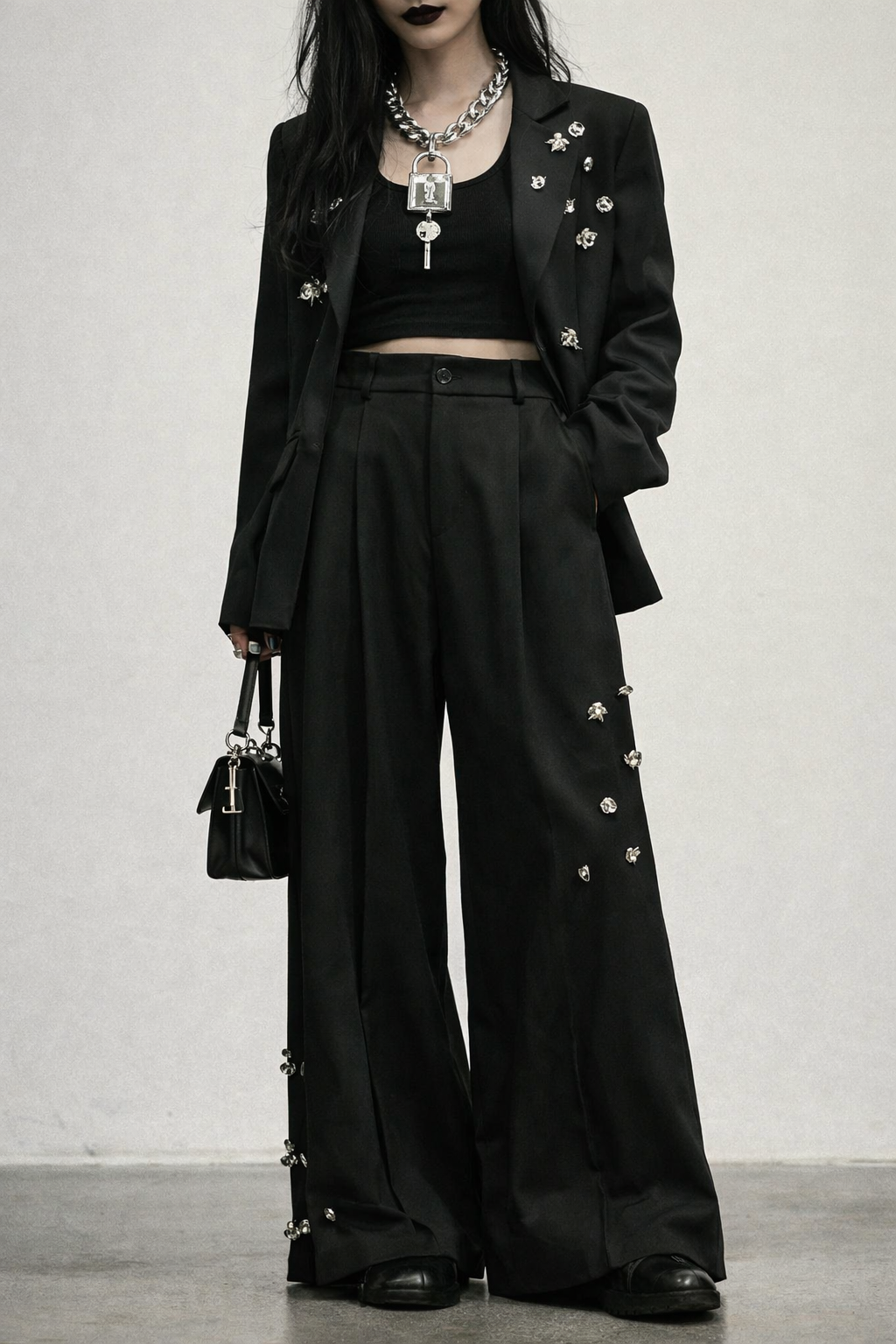 Embellished Wide-Leg Gothic Trousers-SimpleModerne