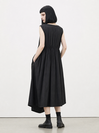 Simple Moderne Black Asymmetrical Gathered Dress – Casual Minimal Goth Midi Statement Piece-SimpleModerne