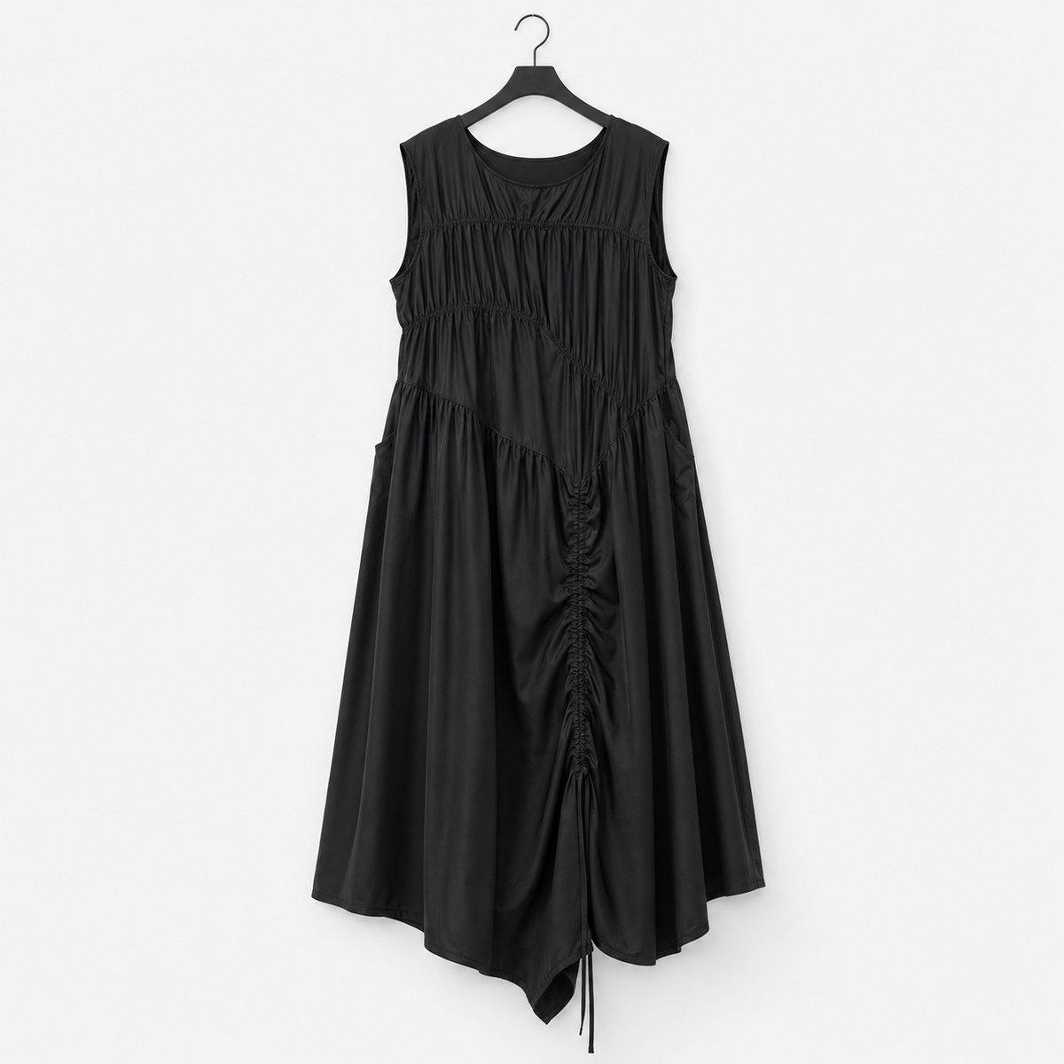 Simple Moderne Black Asymmetrical Gathered Dress – Casual Minimal Goth Midi Statement Piece-SimpleModerne