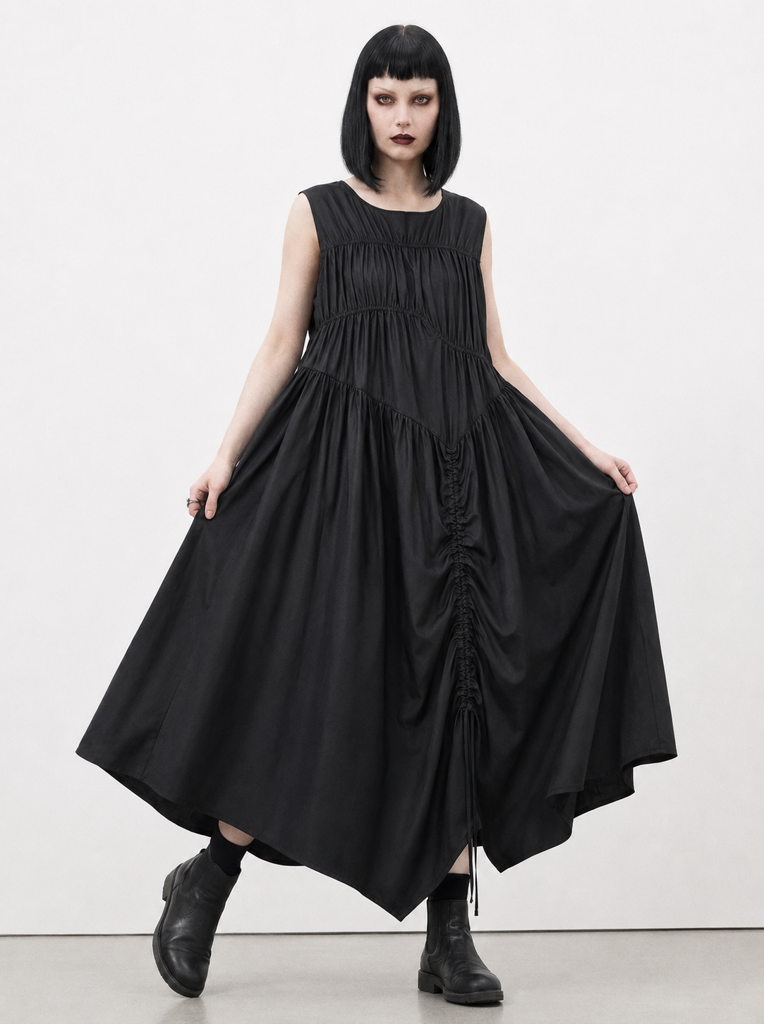 Simple Moderne Black Asymmetrical Gathered Dress – Casual Minimal Goth Midi Statement Piece-SimpleModerne