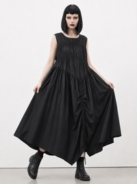 Simple Moderne Black Asymmetrical Gathered Dress – Casual Minimal Goth Midi Statement Piece-SimpleModerne