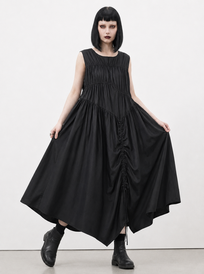 Simple Moderne Black Asymmetrical Gathered Dress – Casual Minimal Goth Midi Statement Piece-SimpleModerne