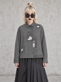 Grey Check Patchwork Shirt | Alternative Graphic Blouse-SimpleModerne