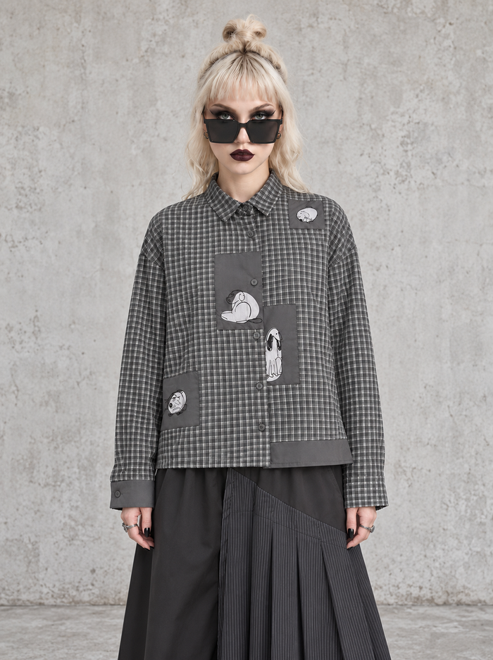 Grey Check Patchwork Shirt | Alternative Graphic Blouse