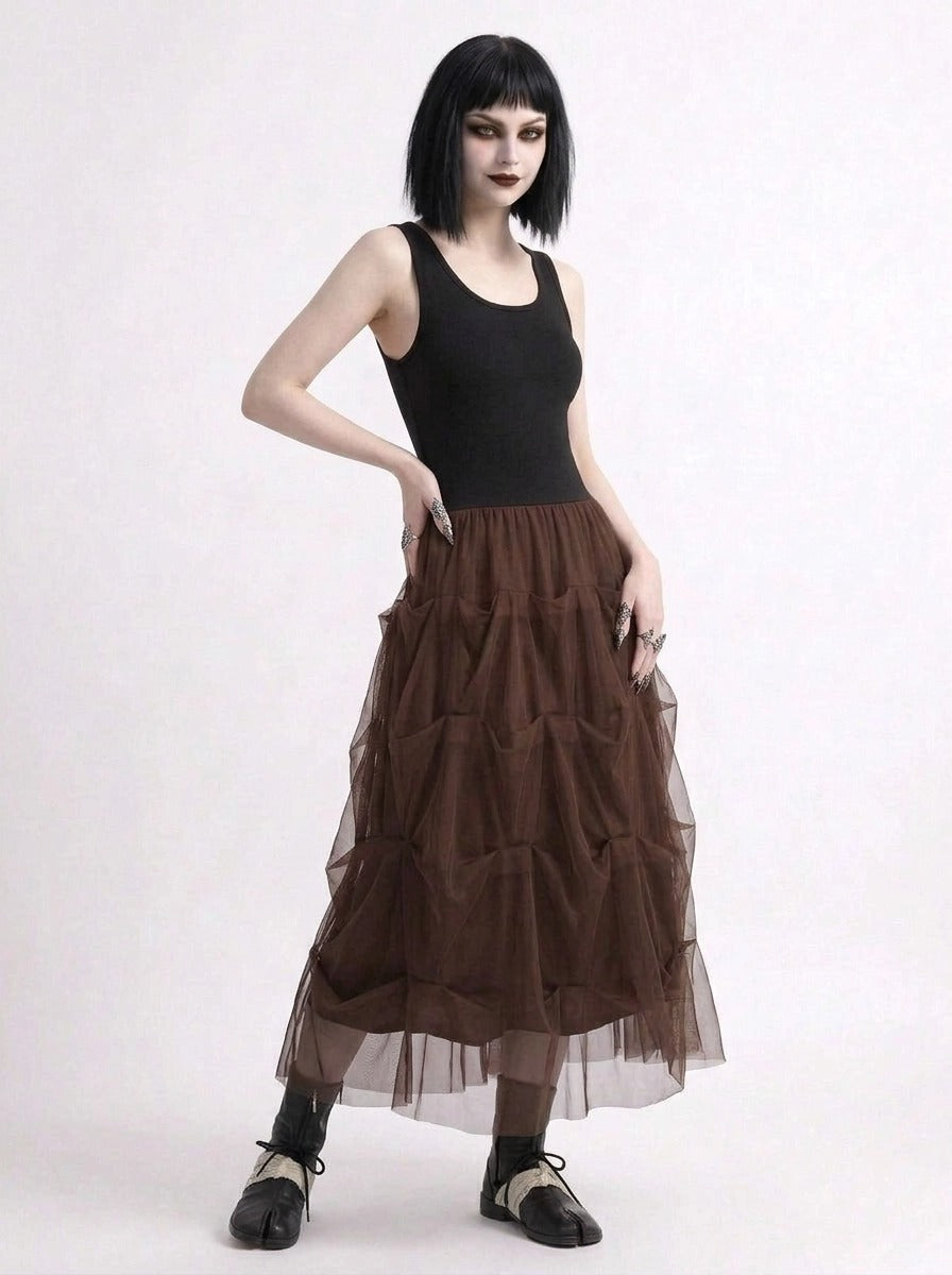 Chocolate Brown Ruched Tulle Maxi Skirt-SimpleModerne