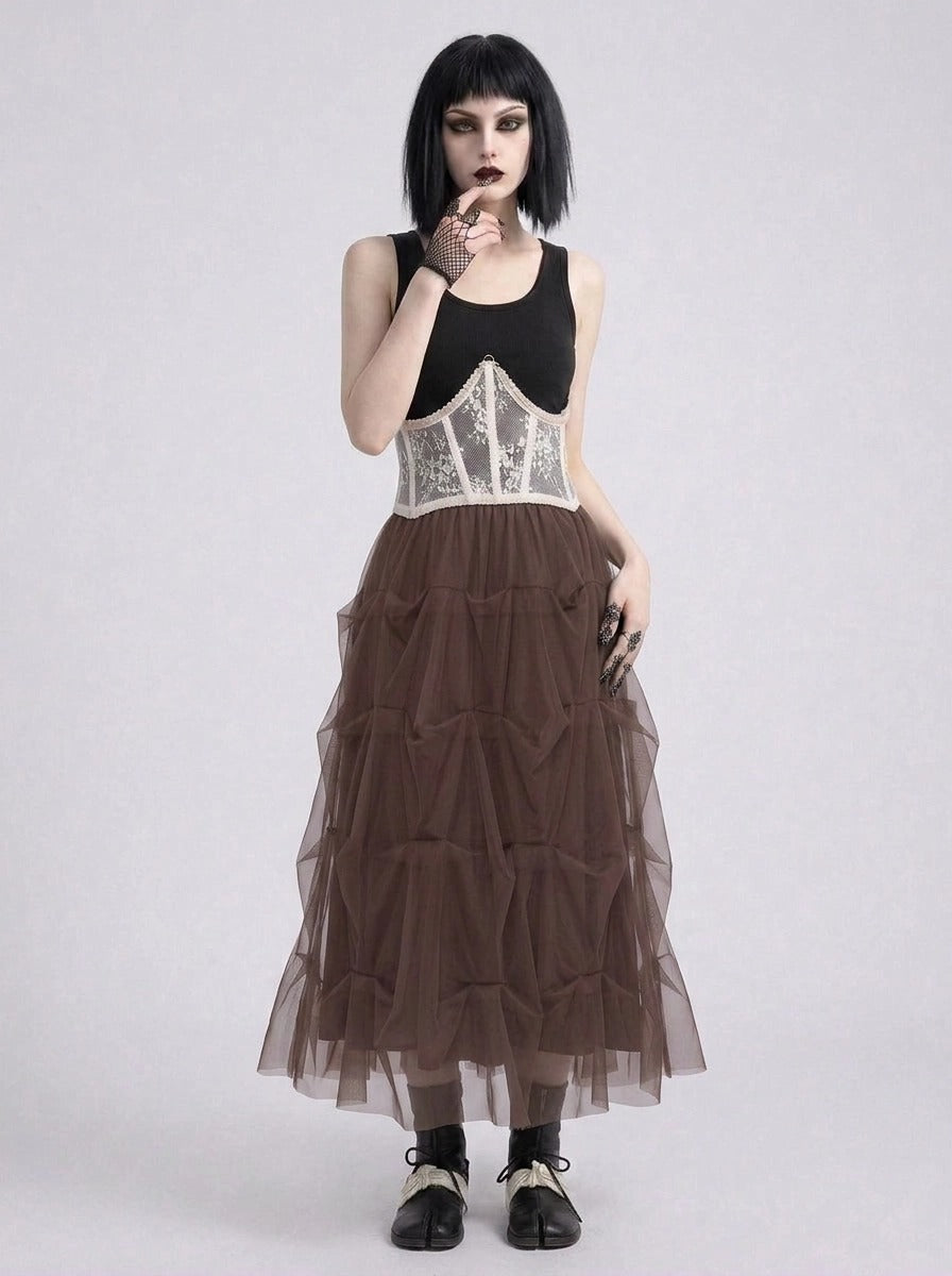 Chocolate Brown Ruched Tulle Maxi Skirt-SimpleModerne
