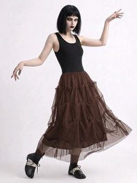 Chocolate Brown Ruched Tulle Maxi Skirt-SimpleModerne