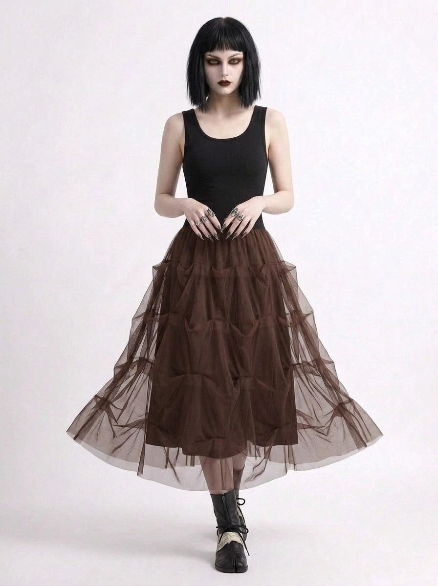 Chocolate Brown Ruched Tulle Maxi Skirt-SimpleModerne