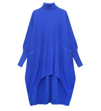 Cobalt Blue Oversized Knit Pullover Dress with Turtleneck & Asymmetrical Hem-SimpleModerne