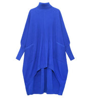 Cobalt Blue Oversized Knit Pullover Dress with Turtleneck & Asymmetrical Hem-SimpleModerne