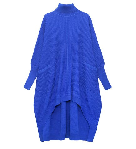 Cobalt Blue Oversized Knit Pullover Dress with Turtleneck & Asymmetrical Hem-SimpleModerne