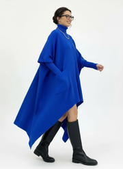 Cobalt Blue Oversized Knit Pullover Dress with Turtleneck & Asymmetrical Hem-SimpleModerne