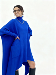 Cobalt Blue Oversized Knit Pullover Dress with Turtleneck & Asymmetrical Hem-SimpleModerne