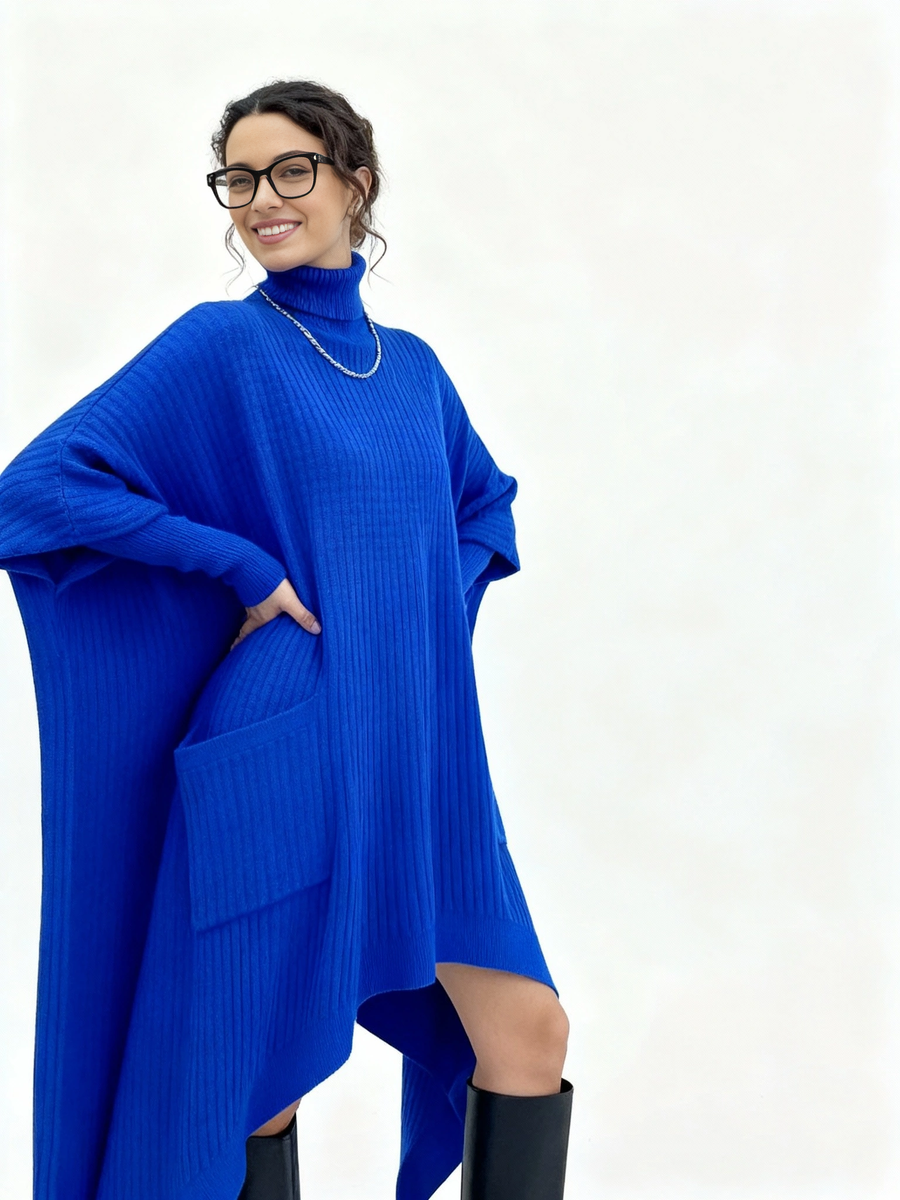 Cobalt Blue Oversized Knit Pullover Dress with Turtleneck & Asymmetrical Hem-SimpleModerne