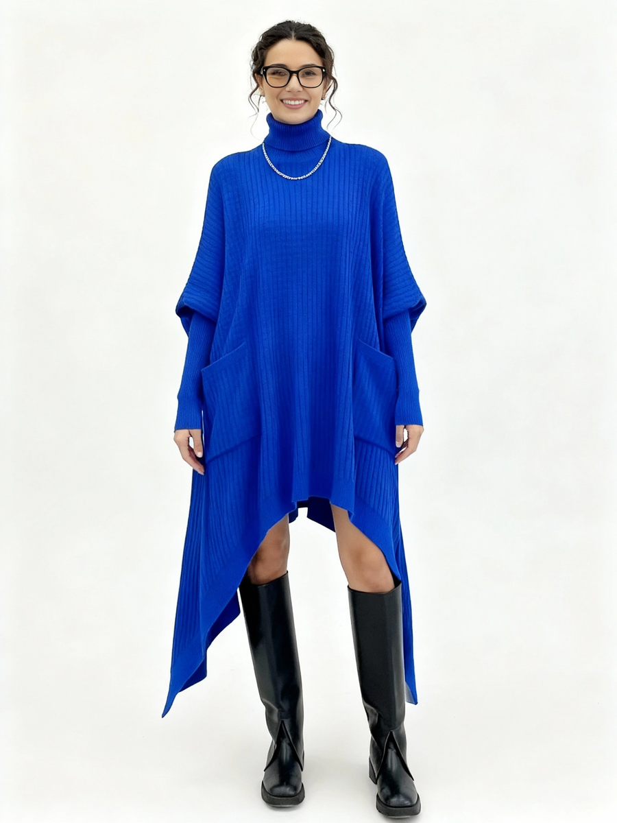 Cobalt Blue Oversized Knit Pullover Dress with Turtleneck & Asymmetrical Hem-SimpleModerne