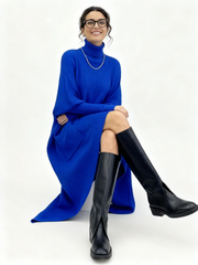 Cobalt Blue Oversized Knit Pullover Dress with Turtleneck & Asymmetrical Hem-SimpleModerne