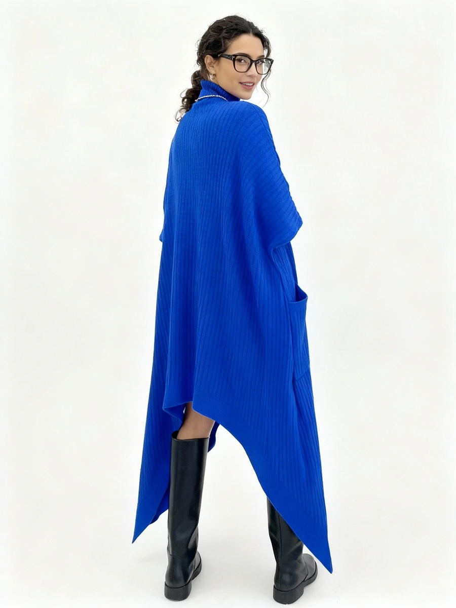 Cobalt Blue Oversized Knit Pullover Dress with Turtleneck & Asymmetrical Hem-SimpleModerne