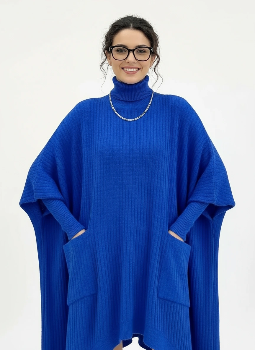 Cobalt Blue Oversized Knit Pullover Dress with Turtleneck & Asymmetrical Hem-SimpleModerne