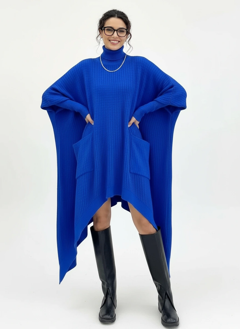 Cobalt Blue Oversized Knit Pullover Dress with Turtleneck & Asymmetrical Hem
