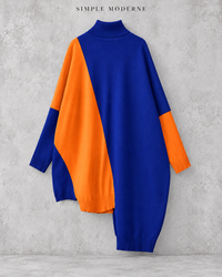 Cobalt Blue & Orange Asymmetric Oversized Turtleneck Pullover-SimpleModerne