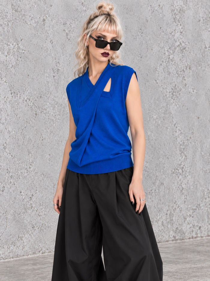 Cobalt Blue Double V-Neck Knitted Top-SimpleModerne