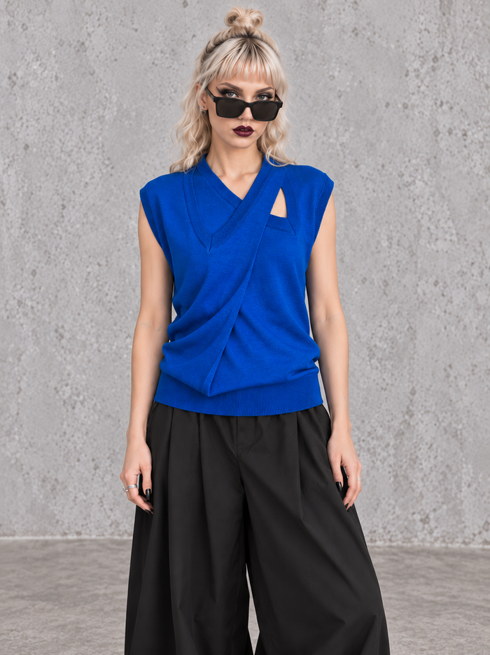 Cobalt Blue Double V-Neck Knitted Top-SimpleModerne