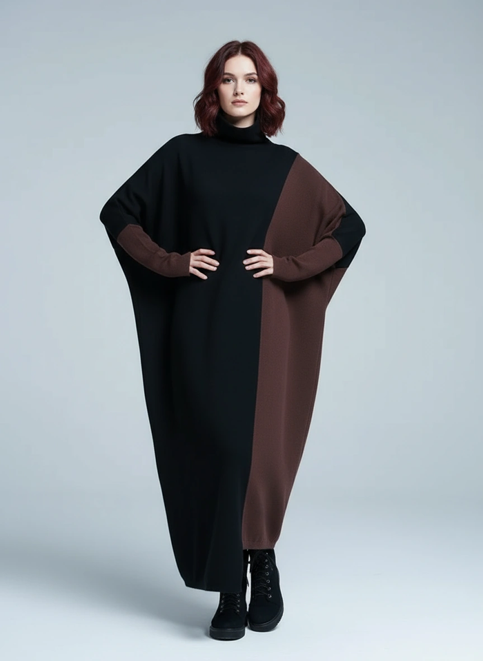 Oversized Coffee Brown & Black Colorblock Knit Maxi Pullover Dress – Asymmetrical Turtleneck Statement-SimpleModerne