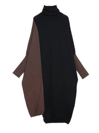 Oversized Coffee Brown & Black Colorblock Knit Maxi Pullover Dress – Asymmetrical Turtleneck Statement-SimpleModerne