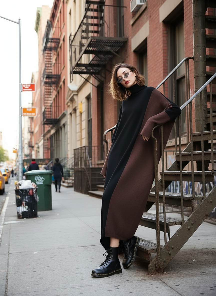 Oversized Coffee Brown & Black Colorblock Knit Maxi Pullover Dress – Asymmetrical Turtleneck Statement-SimpleModerne