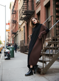 Oversized Coffee Brown & Black Colorblock Knit Maxi Pullover Dress – Asymmetrical Turtleneck Statement-SimpleModerne