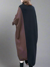 Oversized Coffee Brown & Black Colorblock Knit Maxi Pullover Dress – Asymmetrical Turtleneck Statement-SimpleModerne
