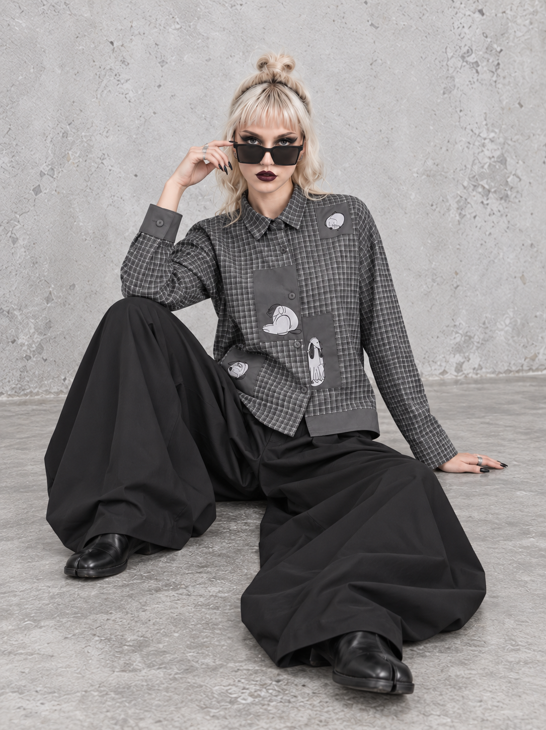 Grey Check Patchwork Shirt | Alternative Graphic Blouse-SimpleModerne