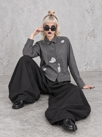 Grey Check Patchwork Shirt | Alternative Graphic Blouse-SimpleModerne