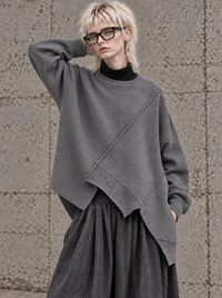 Grey Asymmetric Oversized Knitted Pullover-SimpleModerne